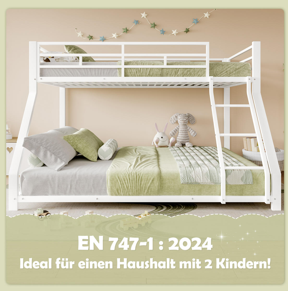 ETAGENBETT aus Metall 90x200/140x200 cm in Weiß mit Treppe und Geländer - Weiß, Metall (90/200cm) - Modenvie