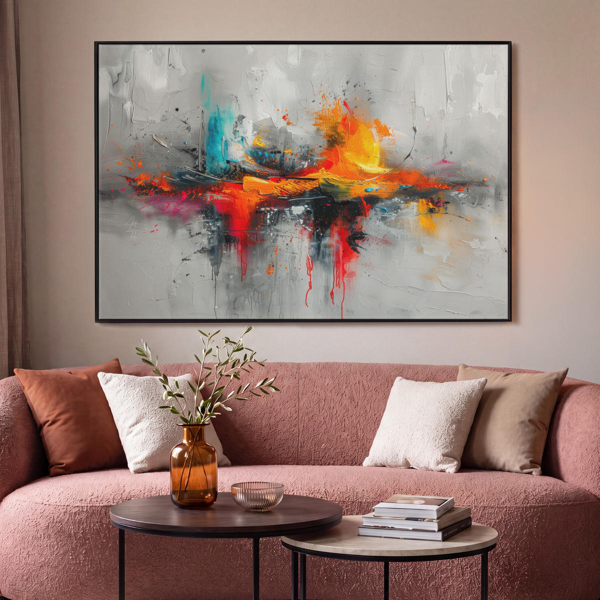 LEINWAND Bilder mit Rahmen - Moderne Kunst - Orange - Grau - Abstrakt - 120x80 - Hellgrau, Textil (120/80cm) - MuchoWow