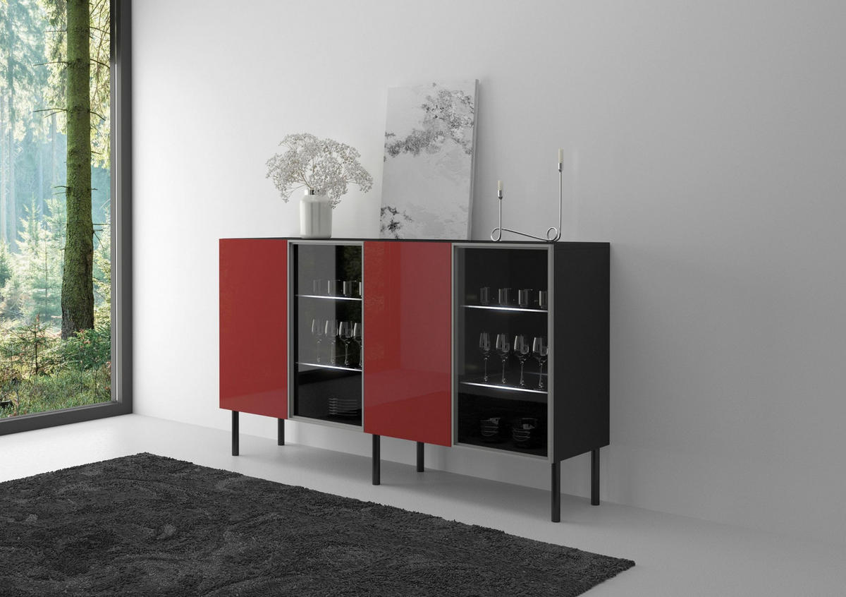 SIDEBOARD Lilka, Glastür, Beleuchtung, Schwarz-Rot, 138 cm - Schwarz, Holzwerkstoff/Metall (138.3/93/38cm) - Skandica