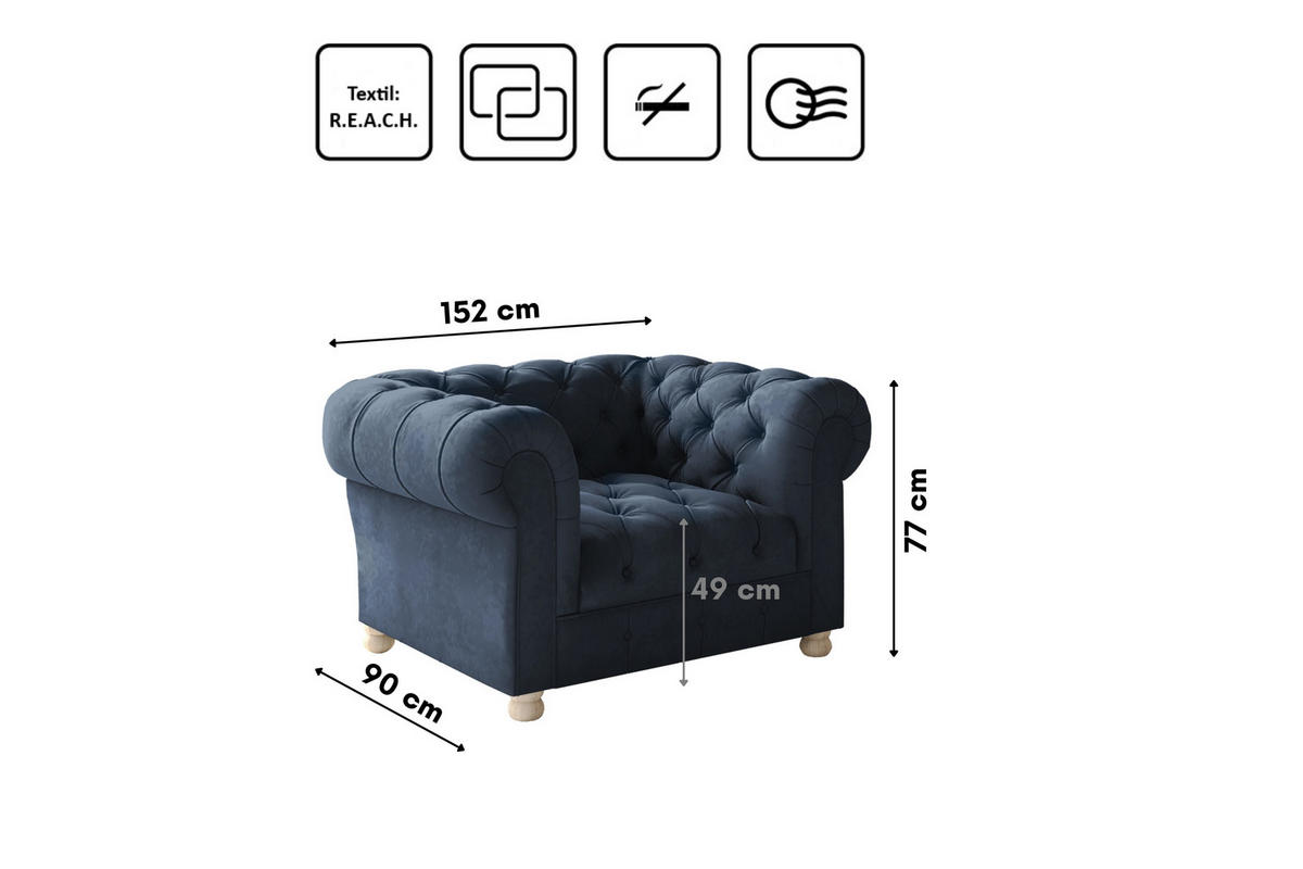SITZGARNITUR 3+1+1 CHESTERFIELD Elegant Klassisch Schick Stoff Whisper Blau - Blau, Holz (202/77/90cm) - Kaiser Möbel