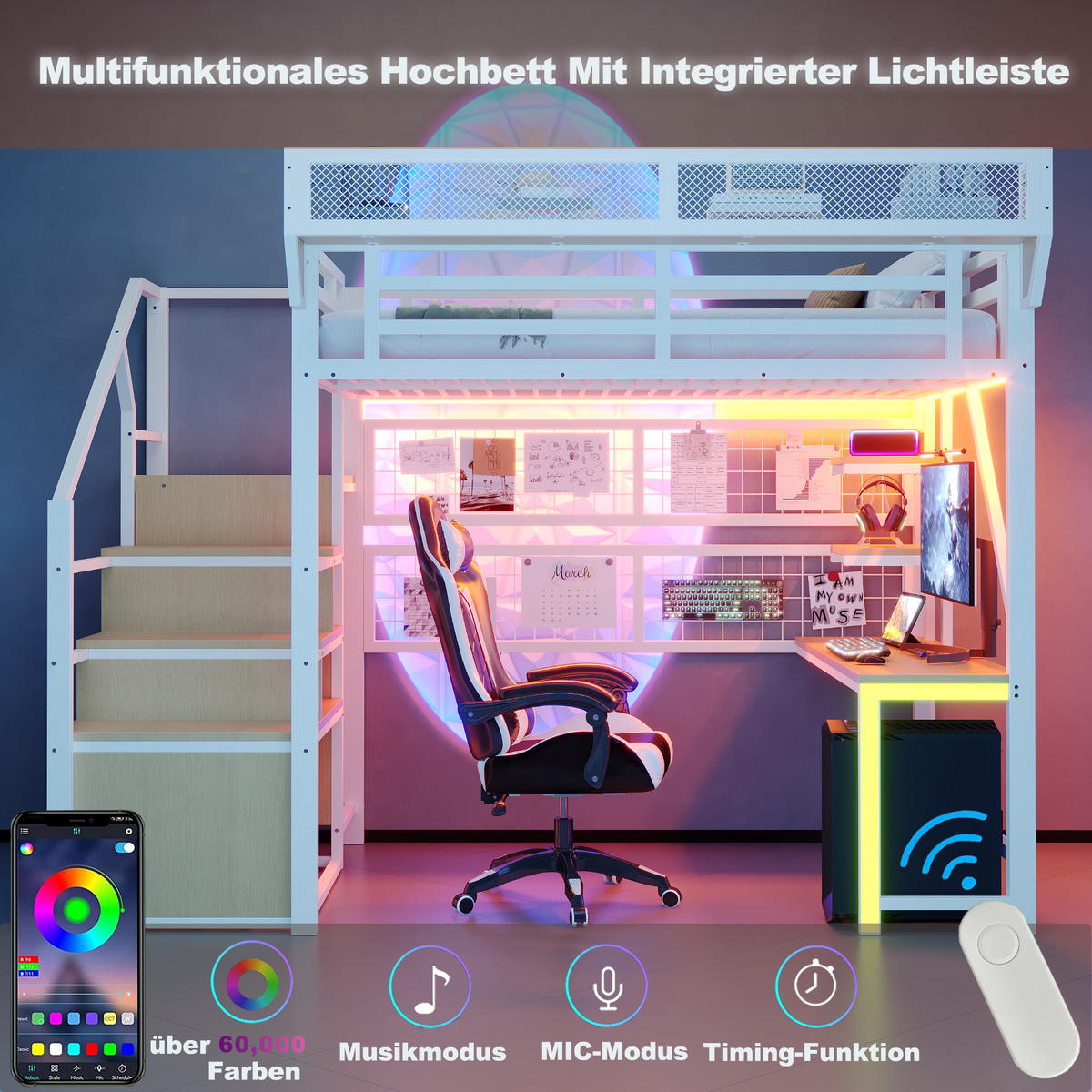 HOCHBETT 140/200 cm in Weiß mit Schreibtisch, Regal, LED und Steckdose - Weiß, Holzwerkstoff/Metall (140/200cm) - STILVORA