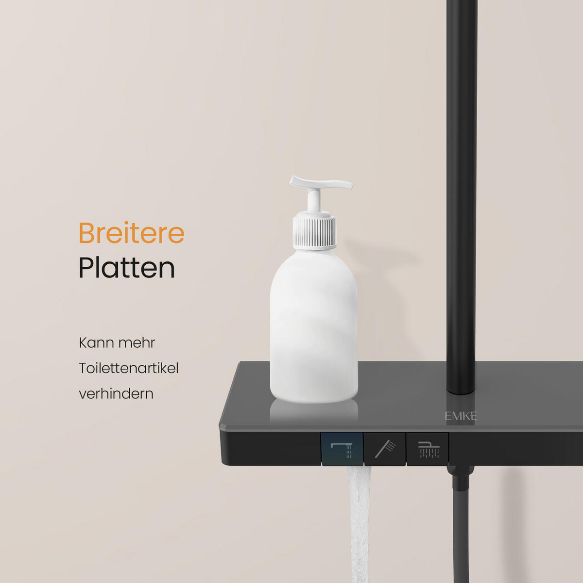 ÜBERKOPFBRAUSESET mit Thermostat Drei Wasserauslassmethoden Schwarz - Schwarz, Metall (13.5/106/44.6cm) - EMKE