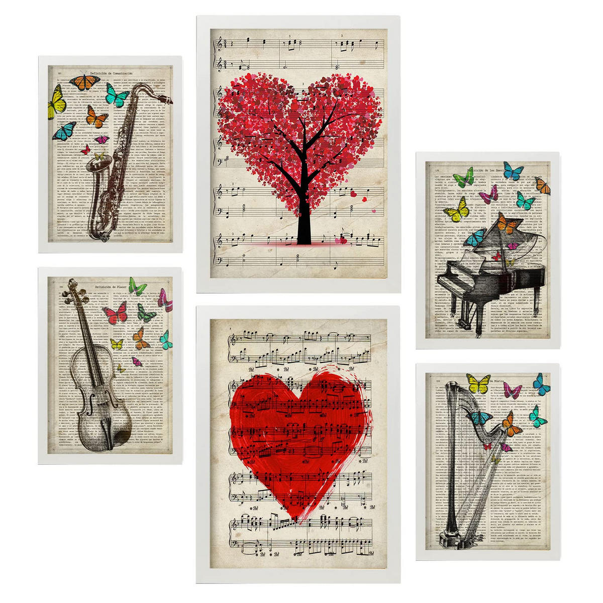 POSTER Set Mit 6 Vintage Musik Sammlung A3 & A4 Weißer Rahmen - Weiß, Papier (29/3cm) - Nacnic
