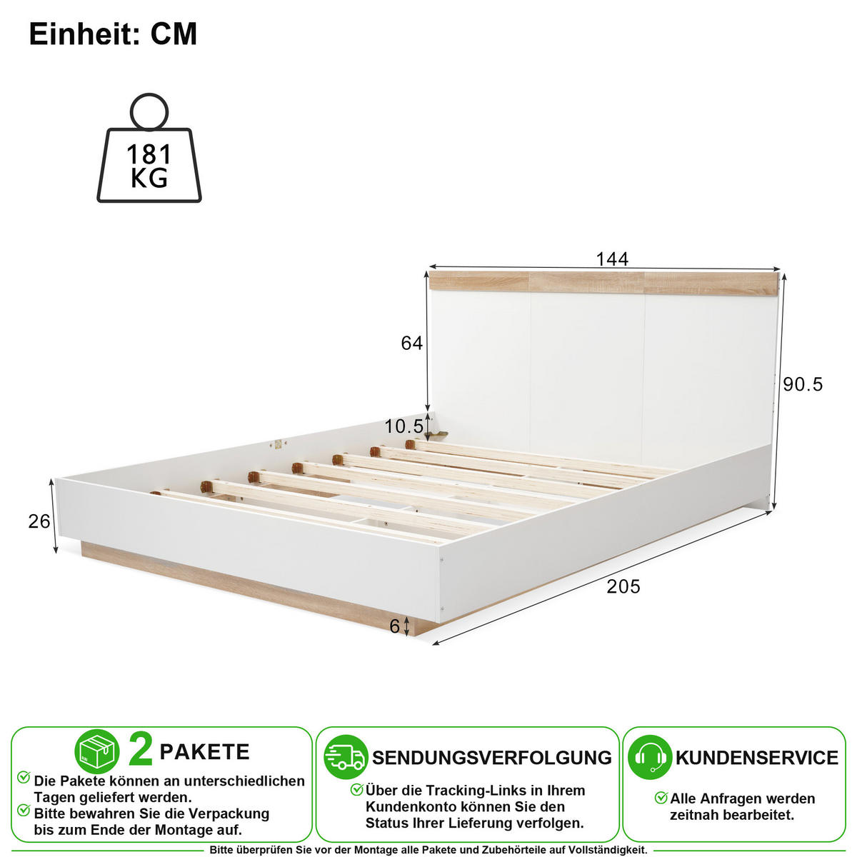BETT 140/200 cm in Weiß & Sonoma-Eiche in Schwebeoptik mit Kopfteil - Weiß, Holzwerkstoff/Metall (140/200cm) - CHICFURN