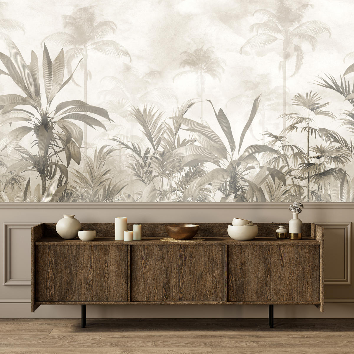 FOTOTAPETE für Wohnzimmer Vintage Tropischer Wald Palmen Blätter 200x140 - Beige/Grau, Papier (200/140cm) - Muralo