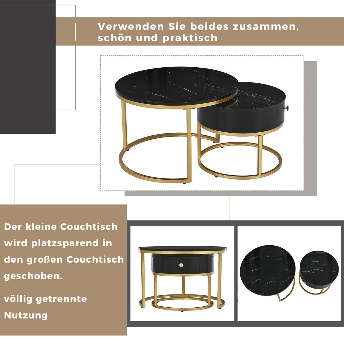COUCHTISCH 70/50 cm in Schwarz aus MDF mit Hochglanz in Marmoroptik - Schwarz, Holzwerkstoff (70/70/48cm) - OKMYHOME