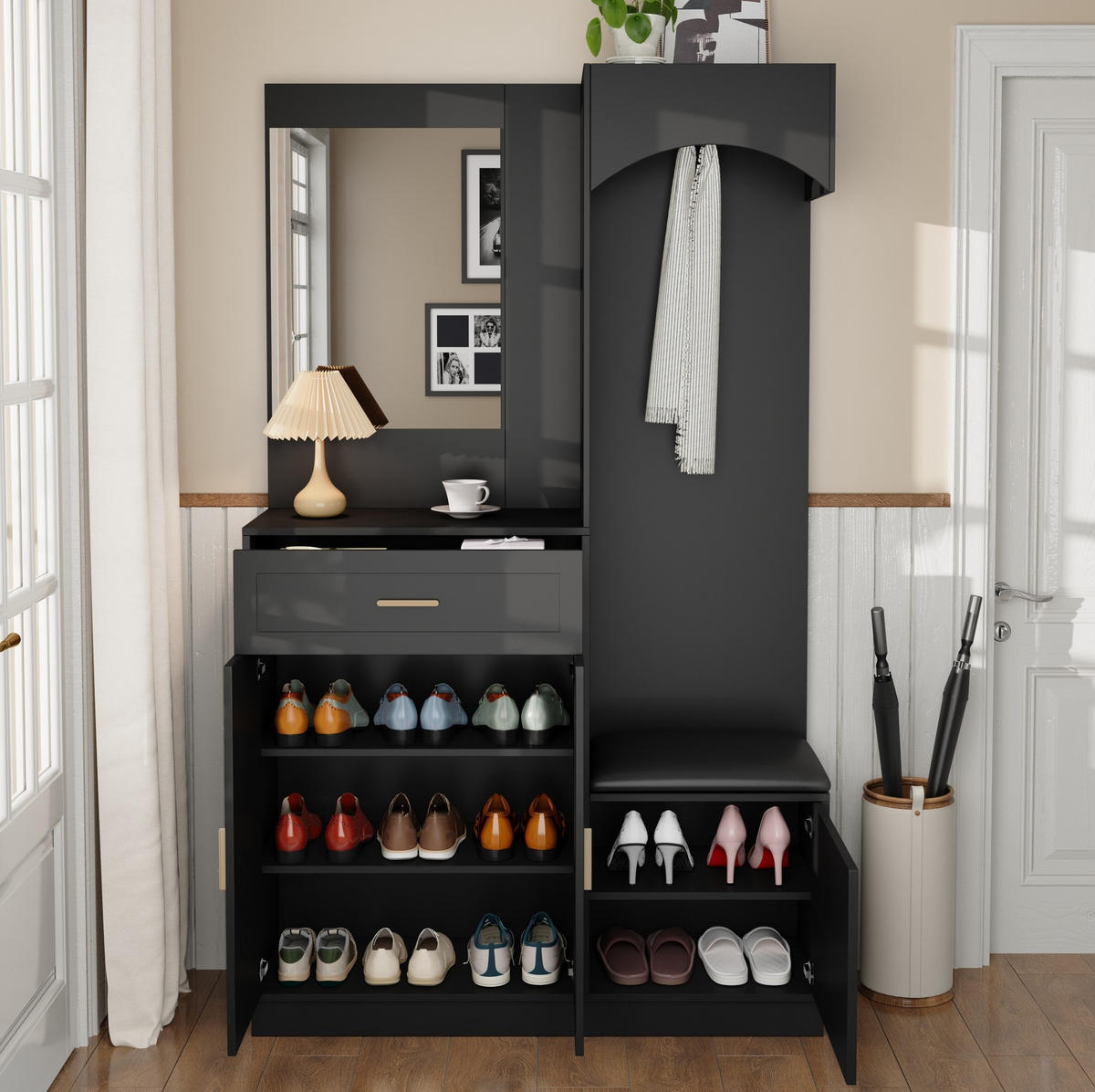 KOMPAKTGARDEROBE mit Spiegel und Schuhbank 110 x 33 x 185,5 cm Schwarz - Schwarz, Holzwerkstoff (33/185.5/110cm) - Beauniv
