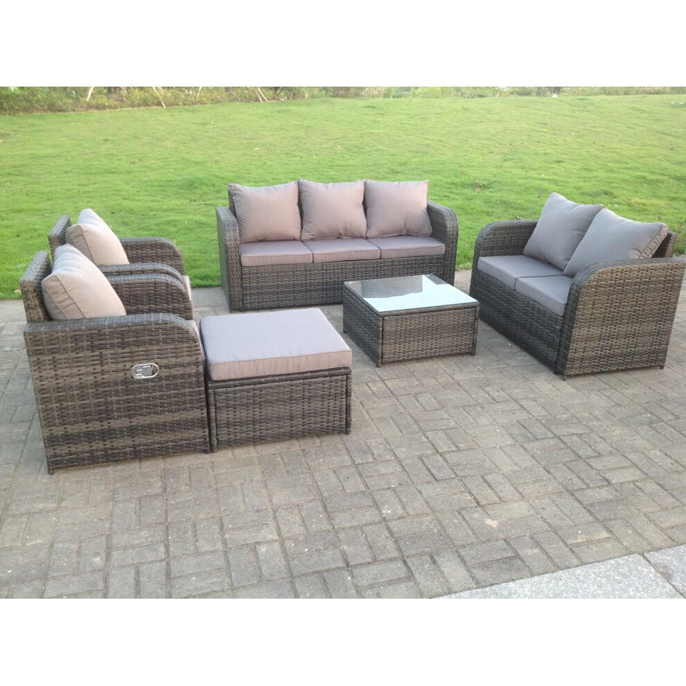 GARTENMÖBEL SET MIT LIEGESTUHL Polyrattan Outdoor 8-Sitzer - Dunkelgrau/Grau, Glas/Kunststoff - Fimous