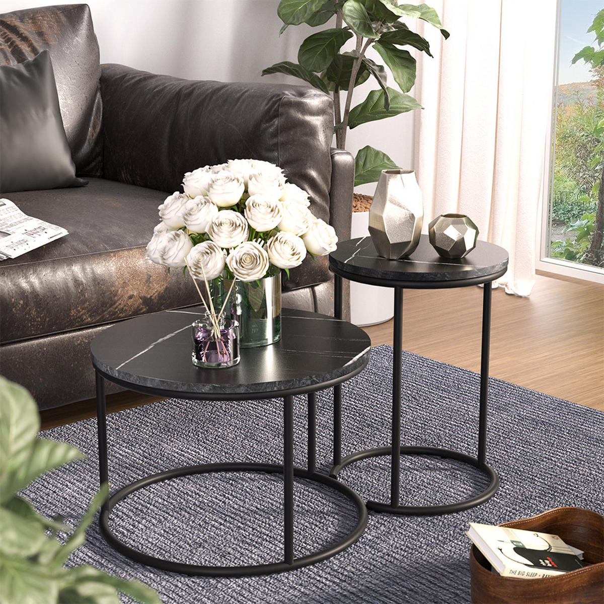 COUCHTISCH-SET Ottawa Schwarzer Marmor 55 x 55 cm 2 Teile - Schwarz Hochglanz, Holzwerkstoff (55/55/34.5cm) - Vicco