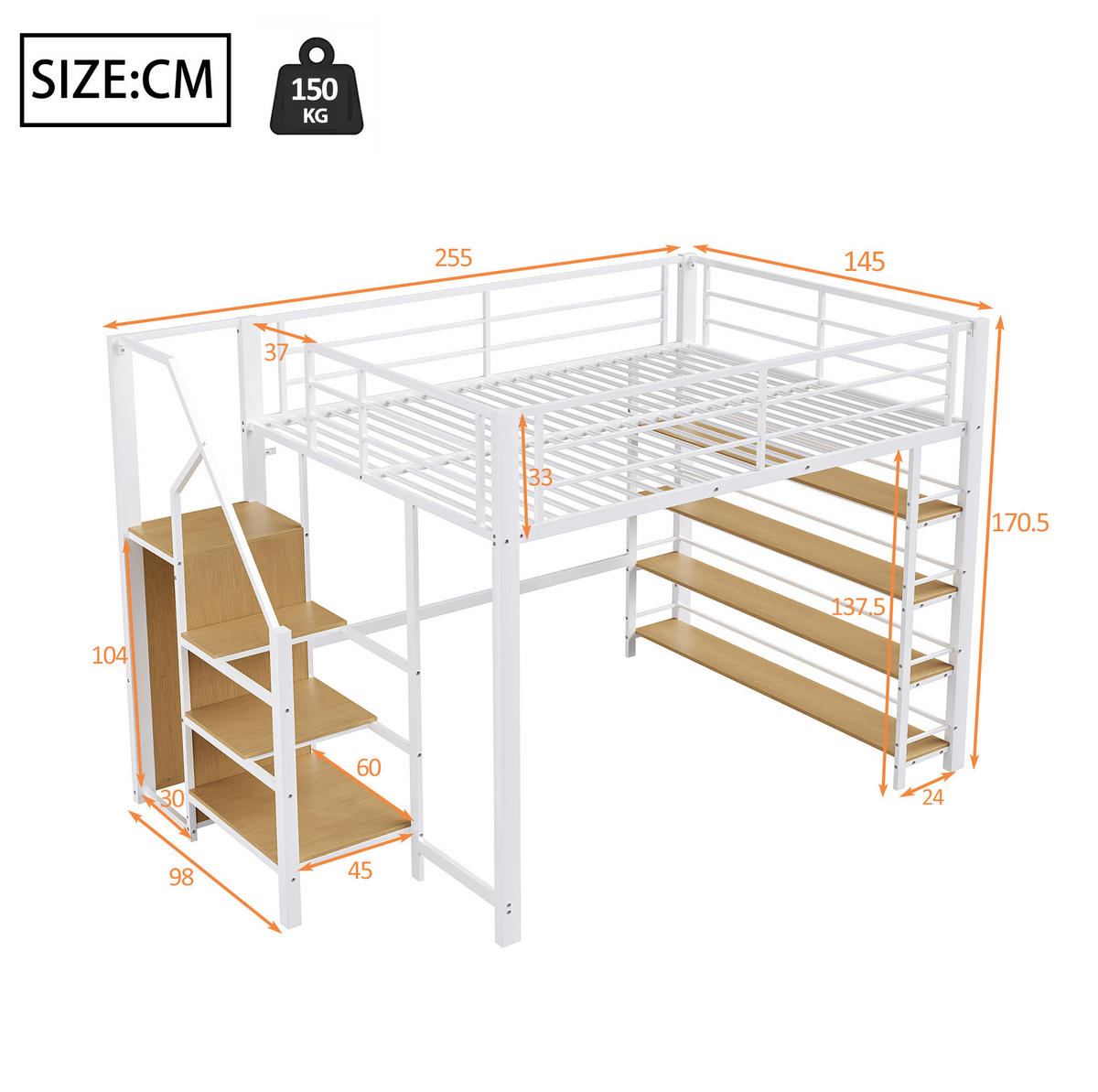 HOCHBETT 140/200 cm aus Metall und MDF mit Stauraumtreppe und Kleiderstange Weiß - Weiß, Metall (140/200cm) - Modenvie