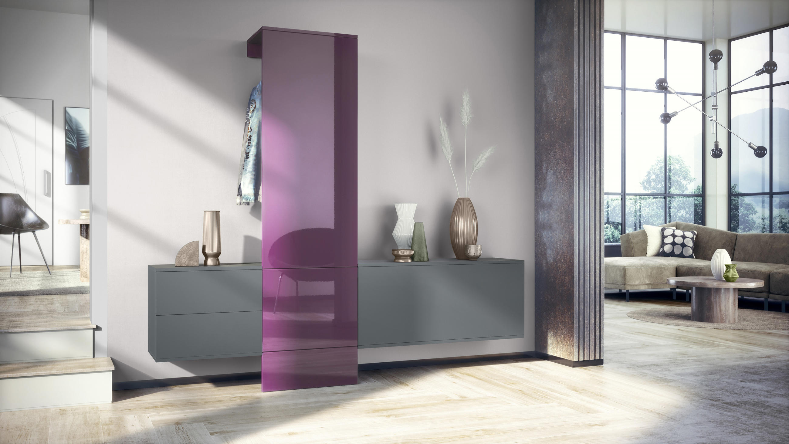 GARDEROBE Carlton Paneel in Brombeer Hochglanz - Brombeere, Holzwerkstoff (209/193/35cm) - Vladon