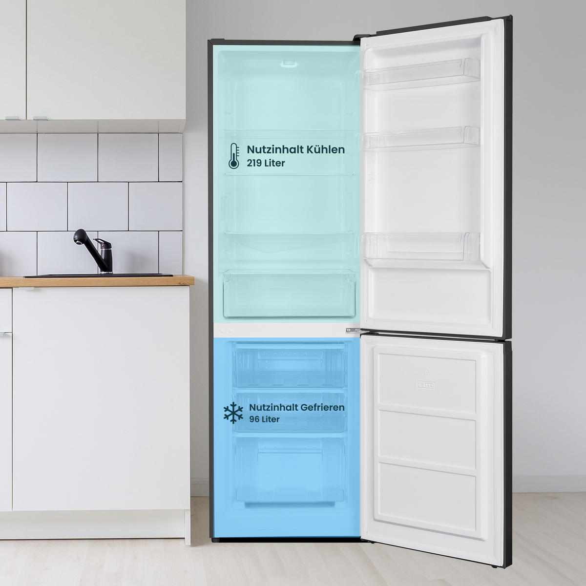KÜHL-GEFRIER-KOMBINATION, freistehend, groß - 315 Liter, Super-Frost-Funktion, Kühlschrank mit Gefrierfach, EEK C, schwarz - Schwarz, Glas/Kunststoff (60/186/59.5cm) - homeX