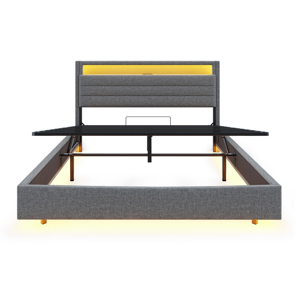 POLSTERBETT 140/200 cm mit Bettkasten, LED-Beleuchtung und USB in Grau - Grau, Textil (140/200cm) - BEAOK