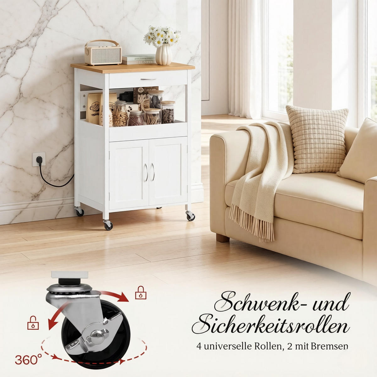 SERVIERWAGEN DE-41502 60/45/92 cm, Steckdosen und Schublade Bambus/Weiß - Weiß, Holzwerkstoff (60/92/45cm) - ComfortXL