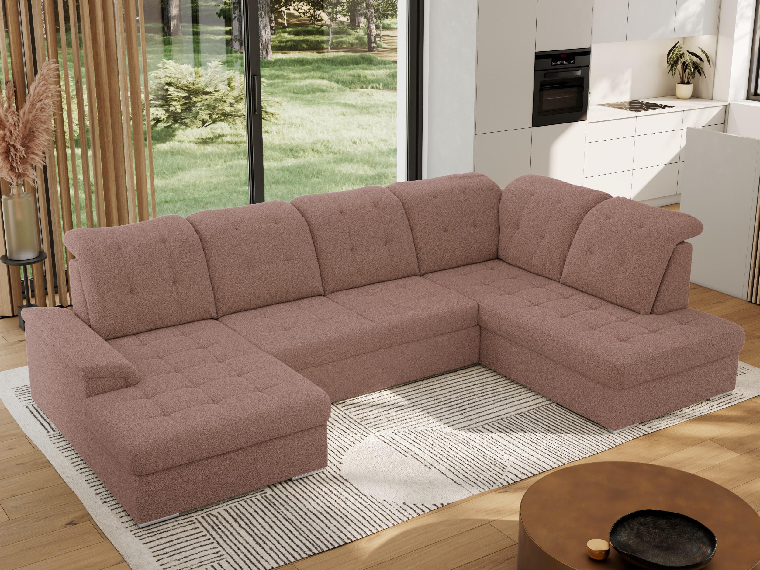 WOHNLANDSCHAFT MADRITO U - Rosa Boucle - Rechts - Silberfarben/Rosa, Textil/Metall (323/89/204cm) - MKS