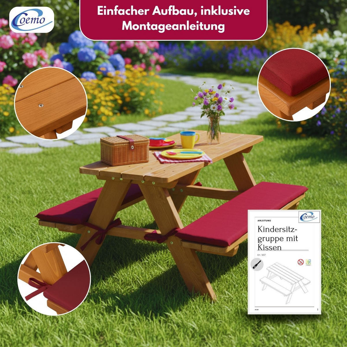 KINDERSITZGRUPPE GARTEN Holz mit Sitzauflagen Farbe Rotbraun 89/79/50 cm - Braun, Holz (79/50/89cm) - Coemo