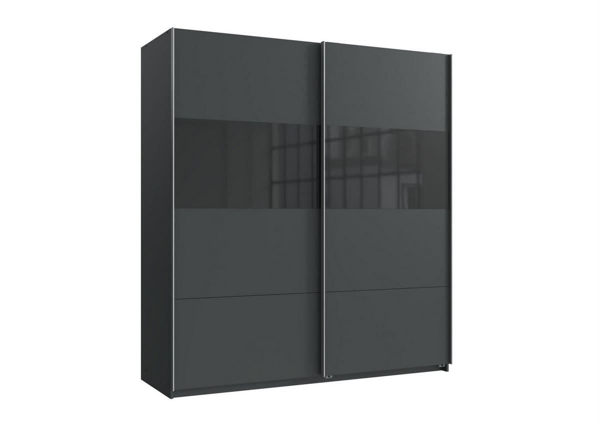 SCHWEBETÜRENSCHRANK Bramfeld in Grafit mit Schwarz Glas 180 x 198 x 65 cm (B x H x T) Kleiderschrank - Grau, Holzwerkstoff (80/200/120cm)