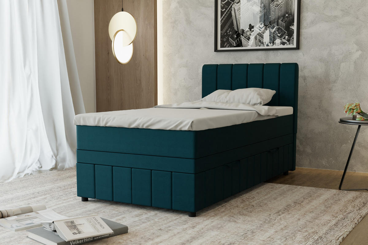 BOXBETT AVALON 100 x 200 cm mit Bettkasten und Topper - Türkis - Türkis, Holz - Panda Möbel