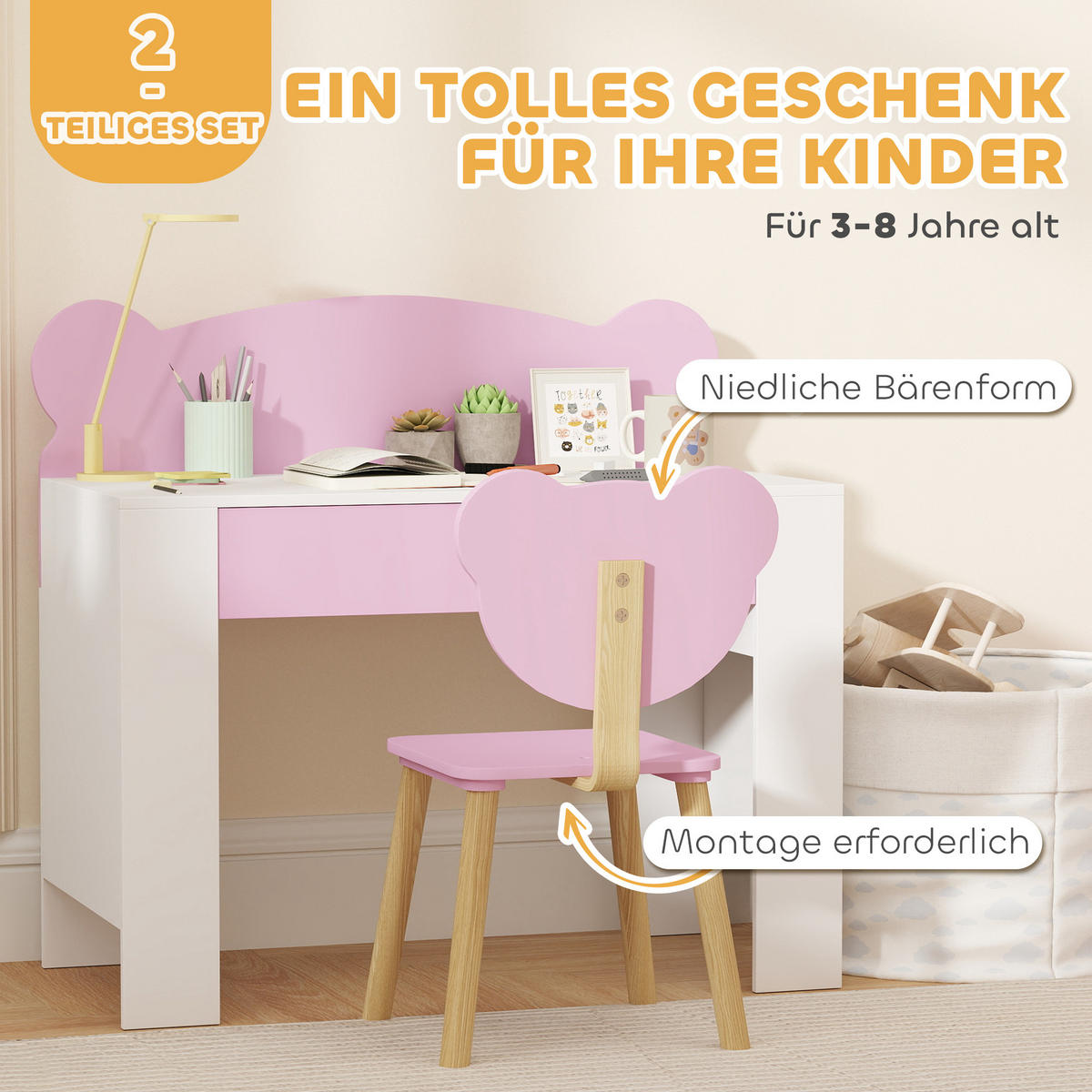 KINDERSCHREIBTISCH Set mit Tischplatte & Schublade Kinder Schreibtisch und Stuhl - Rosa, Holz (41/74.5/80cm) - AIYAPLAY