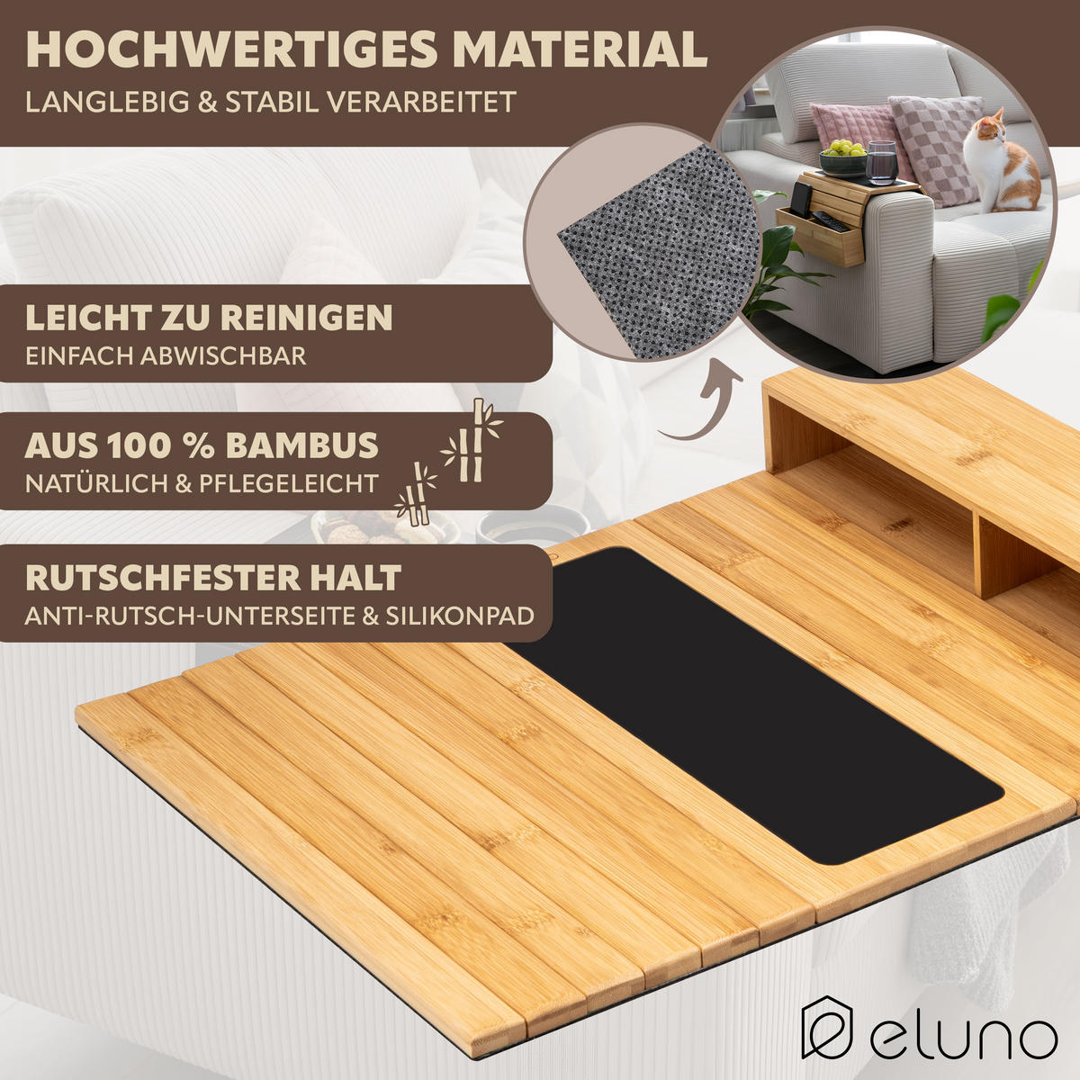 ARMLEHNEN-SOFATABLETT mit seitlichen Fächern, rutschfeste Silikonablage, Bambus - Naturfarben, Naturmaterialien (47/6/34cm) - eluno