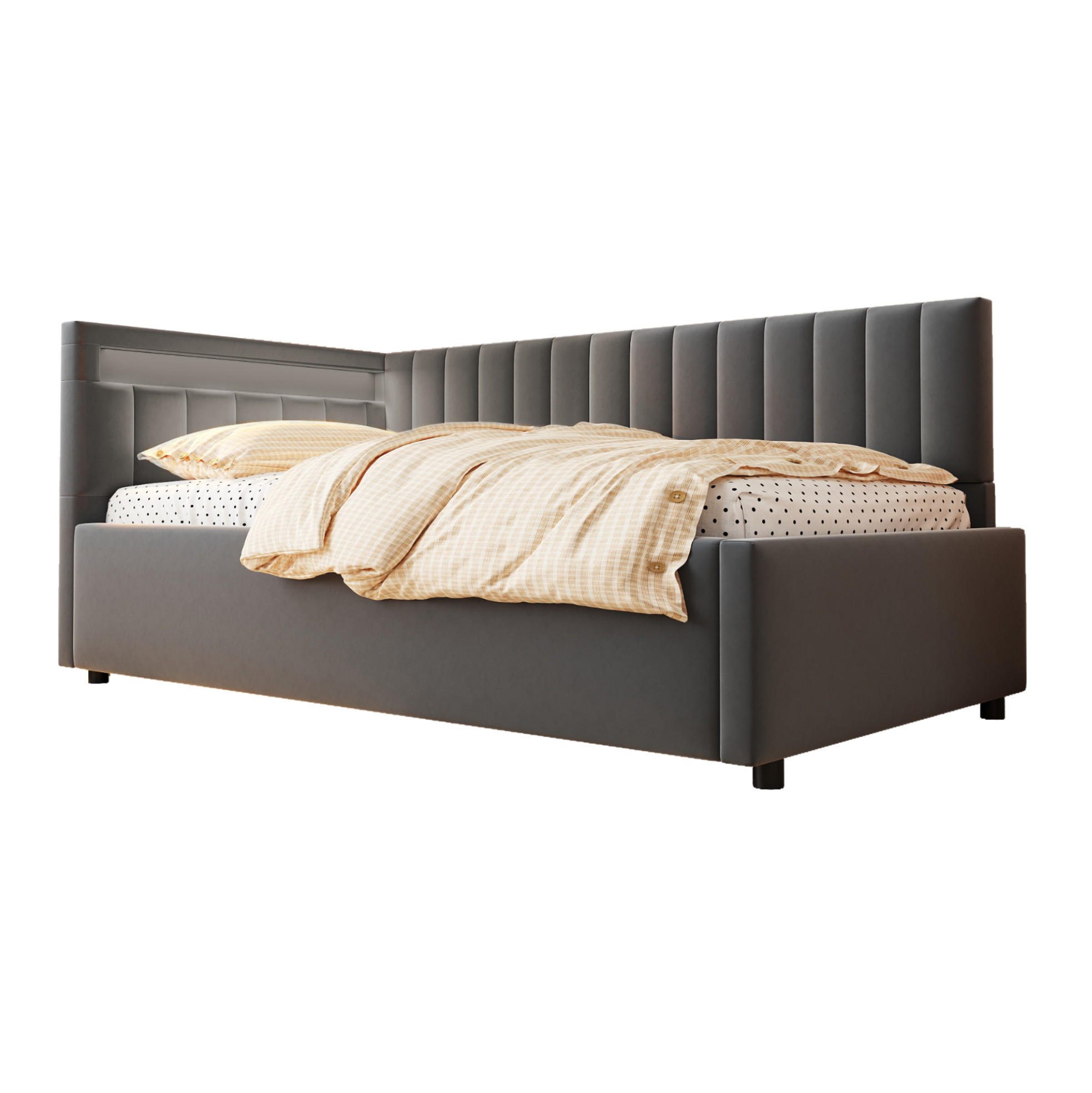 POLSTERBETT Schlafsofa 90/200 cm Grau aus Samt mit LED und Stauraum - Grau, Textil (90/200cm) - OKMYHOME