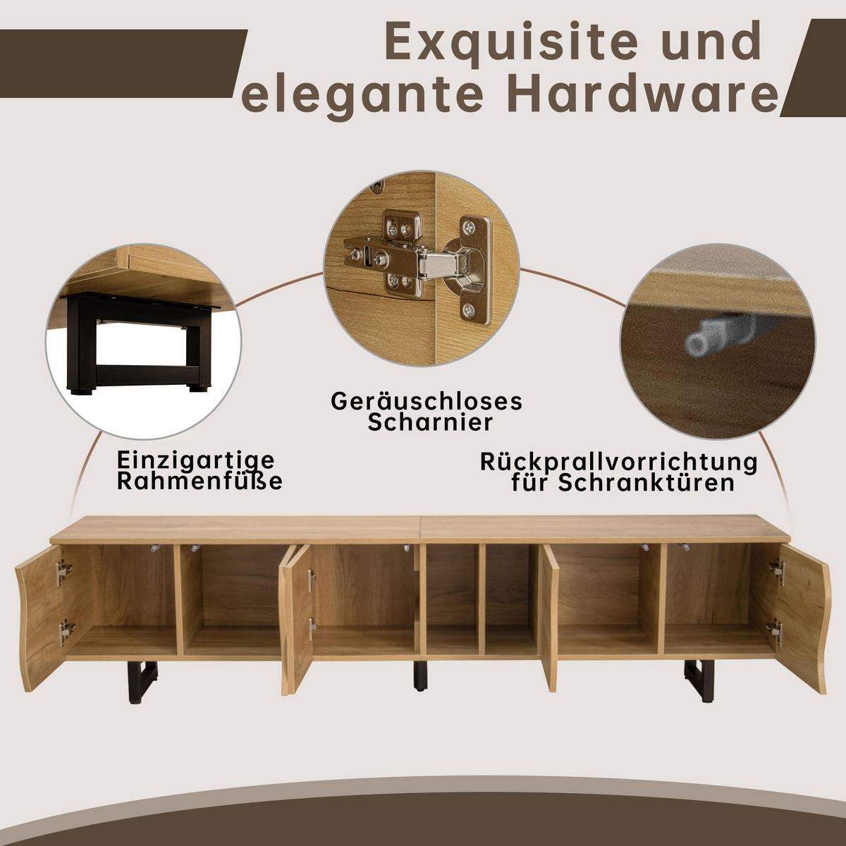 TV-SCHRANK aus MDF und Holzwerkstoff 191x38x46,5 cm Natur mit Stauraum und offenen Fächern, geschwungene Türen - Hellbraun, Holzwerkstoff (191/46.5/38cm) - Modfu