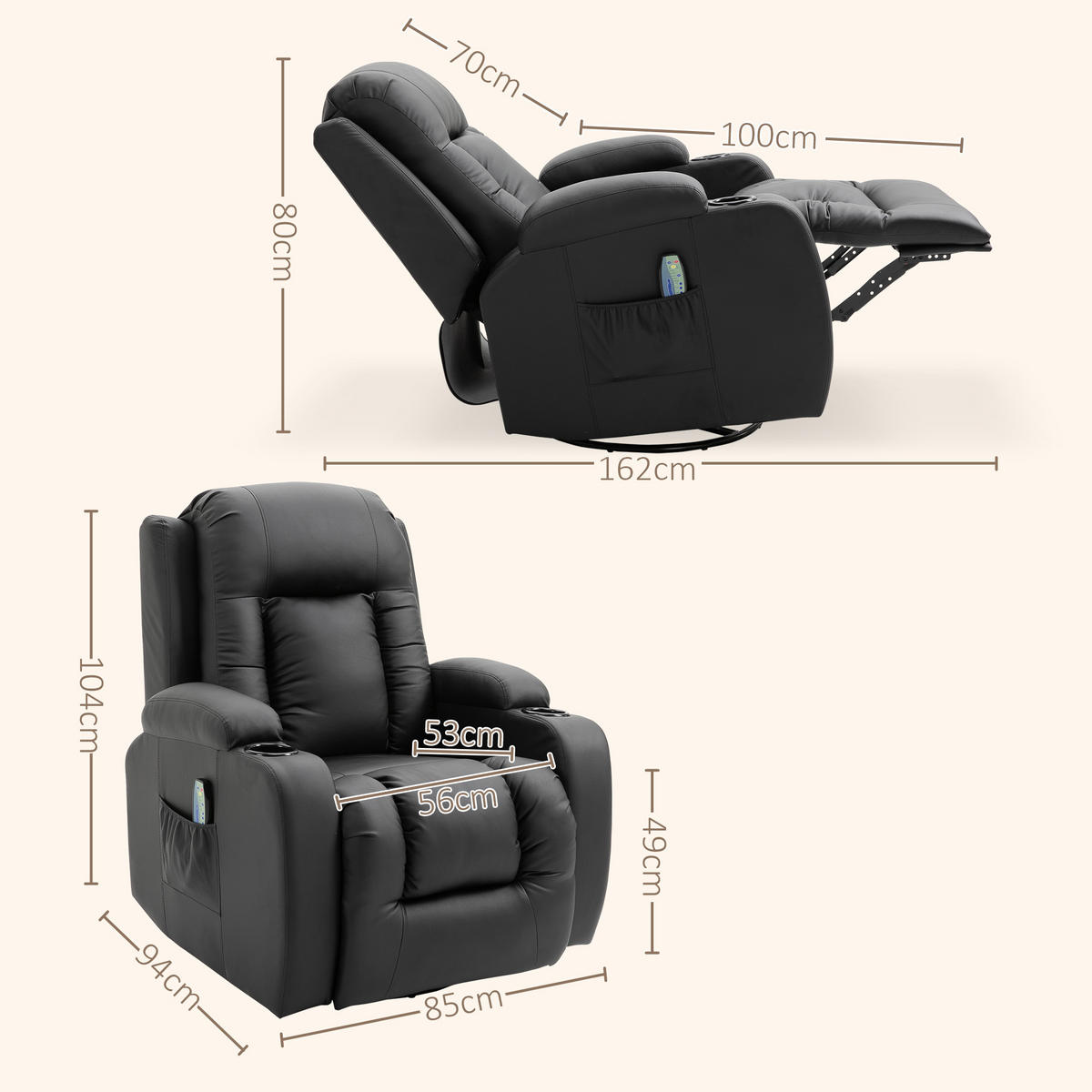 MASSAGESESSEL Kunstleder Schwarz - Schwarz, Kunststoff/Metall (94/104/85cm) - HOMCOM