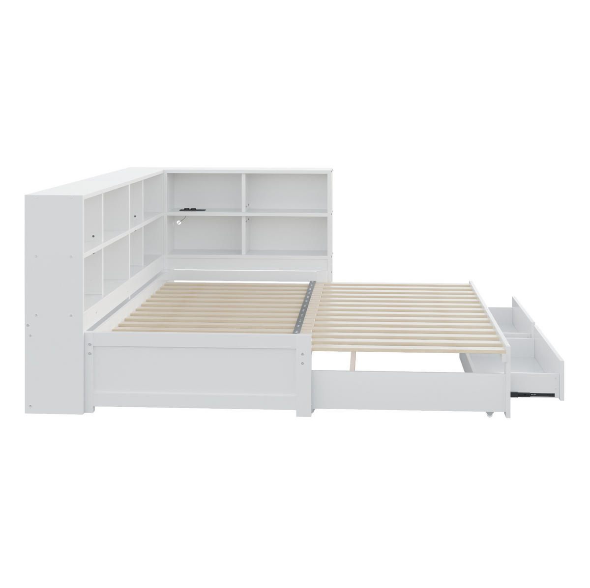 BETT aus Holz 90/180 cm Weiß mit Stauraum, Schubladen und Multifunktionssteckdose - Weiß, Holzwerkstoff (90/190cm) - Modfu