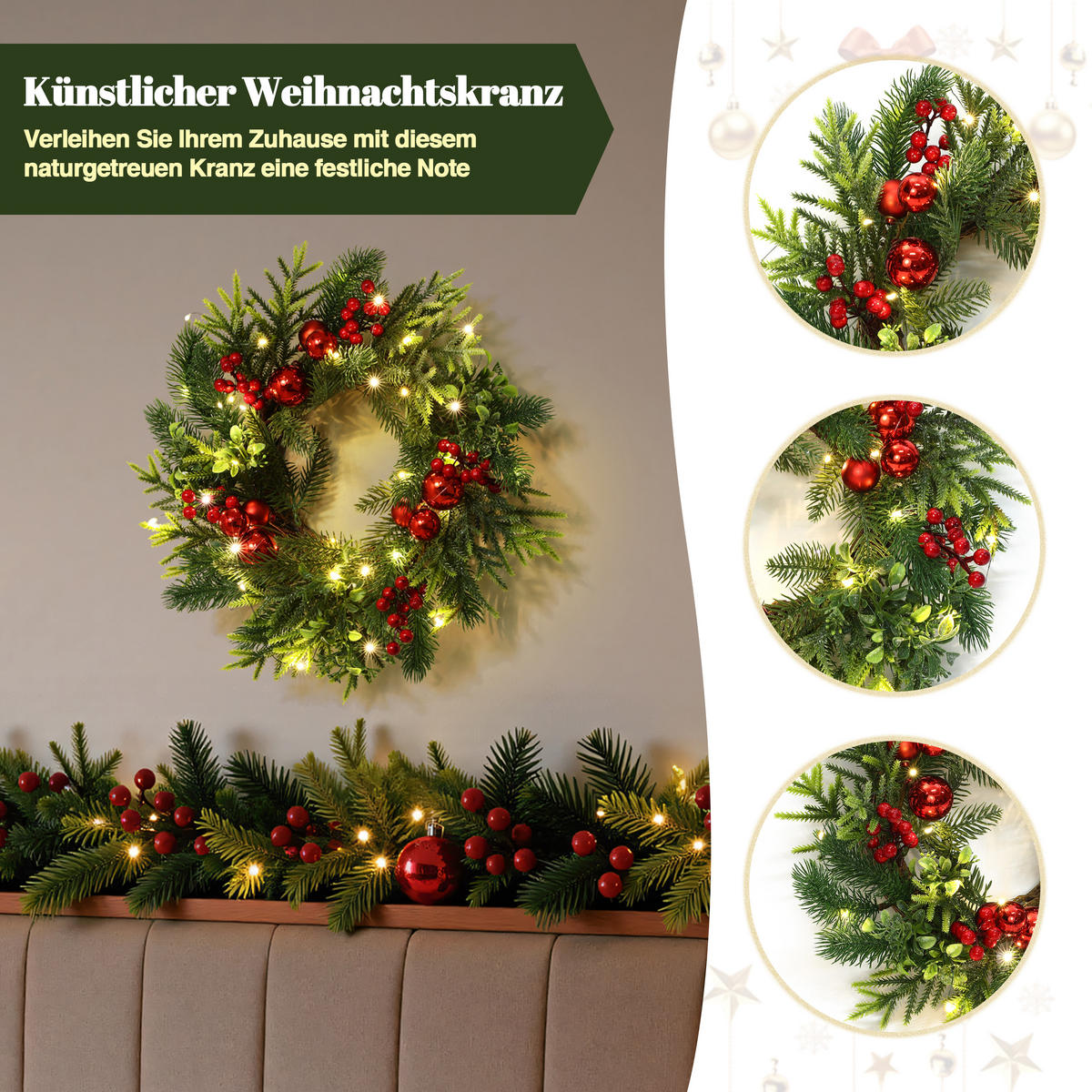 WEIHNACHTSKRANZ Ø40cm mit Beeren & Kugeln, 30 LEDs mit Timer - Dunkelgrün, Naturmaterialien (40cm) - Hometopia