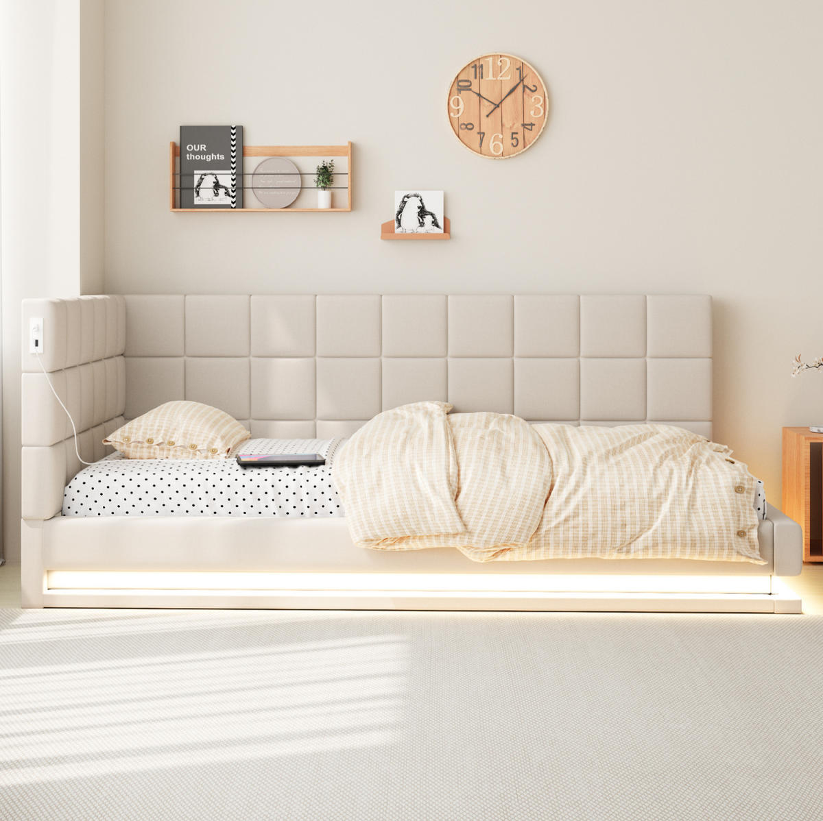POLSTERBETT mit LED-Beleuchtung 90/200 cm mit USB und Lattenrost, Beige - Beige, Textil (90/200cm) - BEAOK