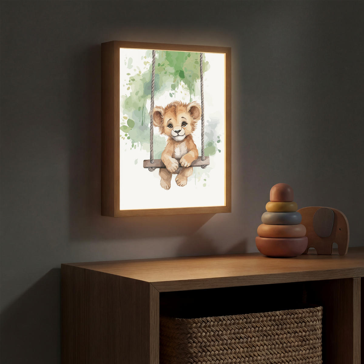 NACHTTISCHLAMPE MIT AKKU Löwe - Tier - Kinder - Dschungel 30x40 cm - Weiß, Holzwerkstoff (8/30/40cm) - OnlyWow