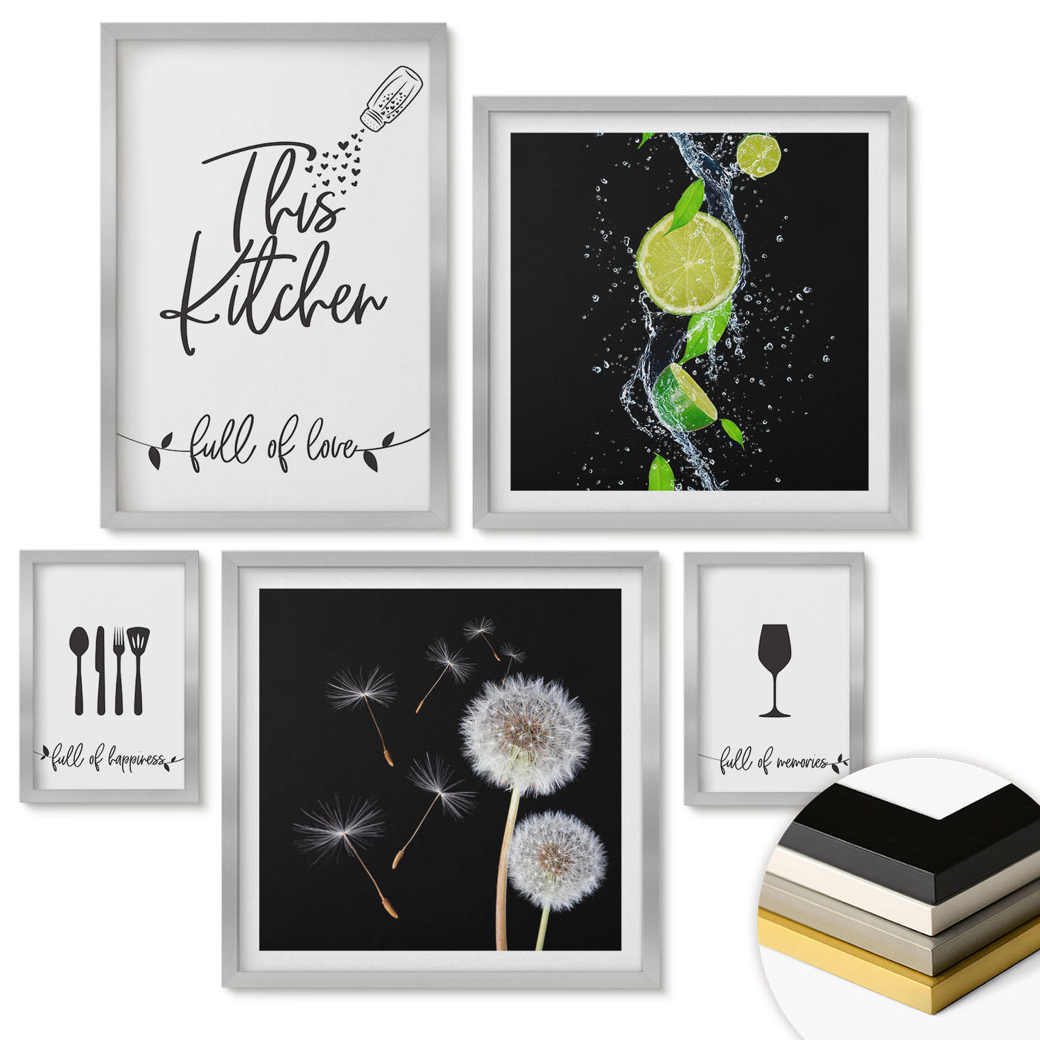 WANDBILDER 5er Set - 50x50 cm & 20x30 cm & 40x60 cm Silberner Rahmen - Blumenposter Paris London - Silberfarben, Kunststoff (40/60cm) - ArtPrintCave
