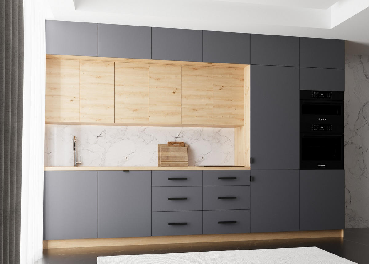 KÜCHENZEILE 360 cm – LangenK72-M360 - in Grau / ArtisanEiche - Schwarz/Eiche Artisan, Holzwerkstoff/Metall (360/248/58cm)
