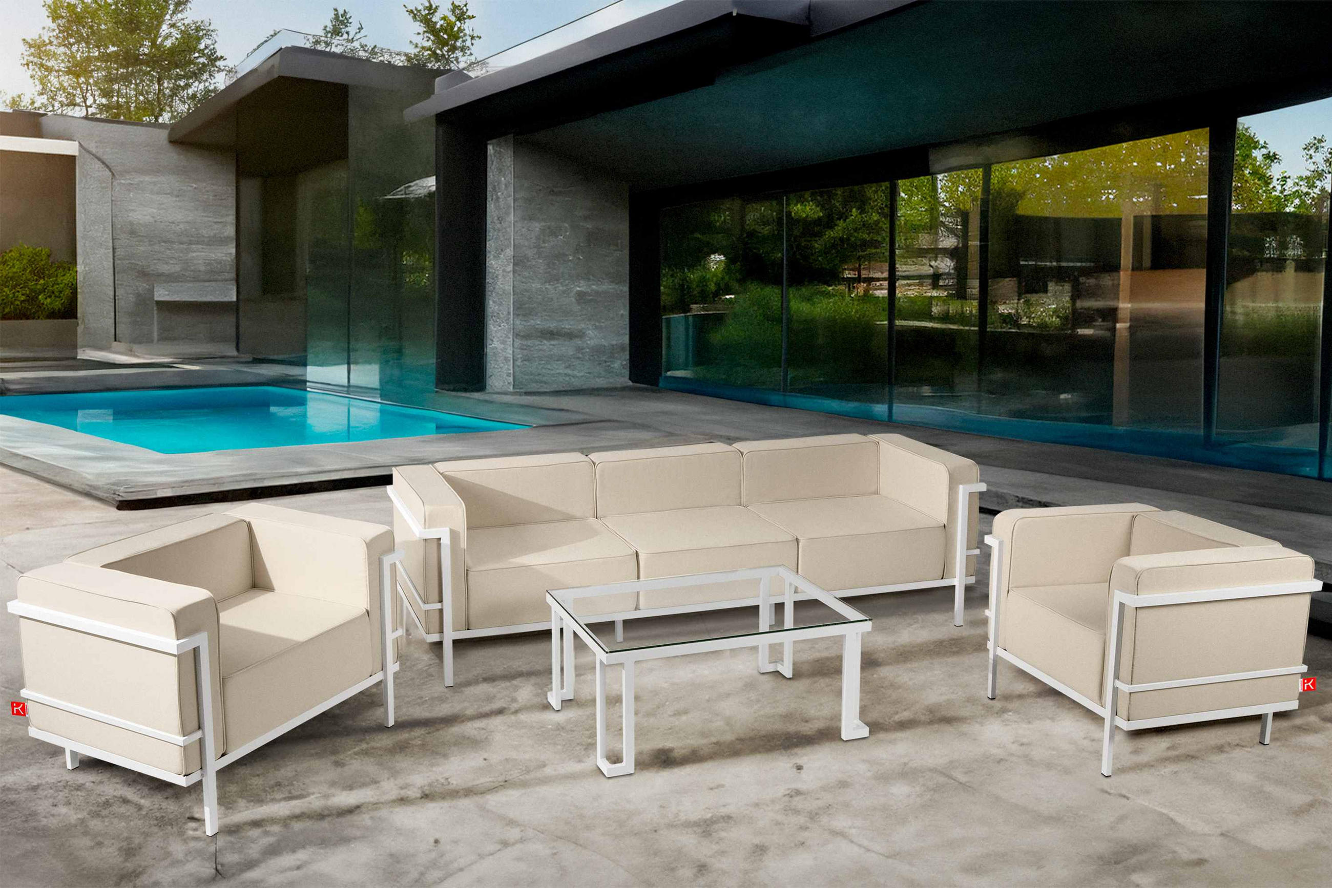GARTENLOUNGE-SET TRIGLO 1x Tisch, 2x Sessel, 1x Sofa 3-Sitzer, 4-tlg., Modern, Weiß/Cremeweiß - Creme/Weiß, Textil/Metall - KONSIMO®