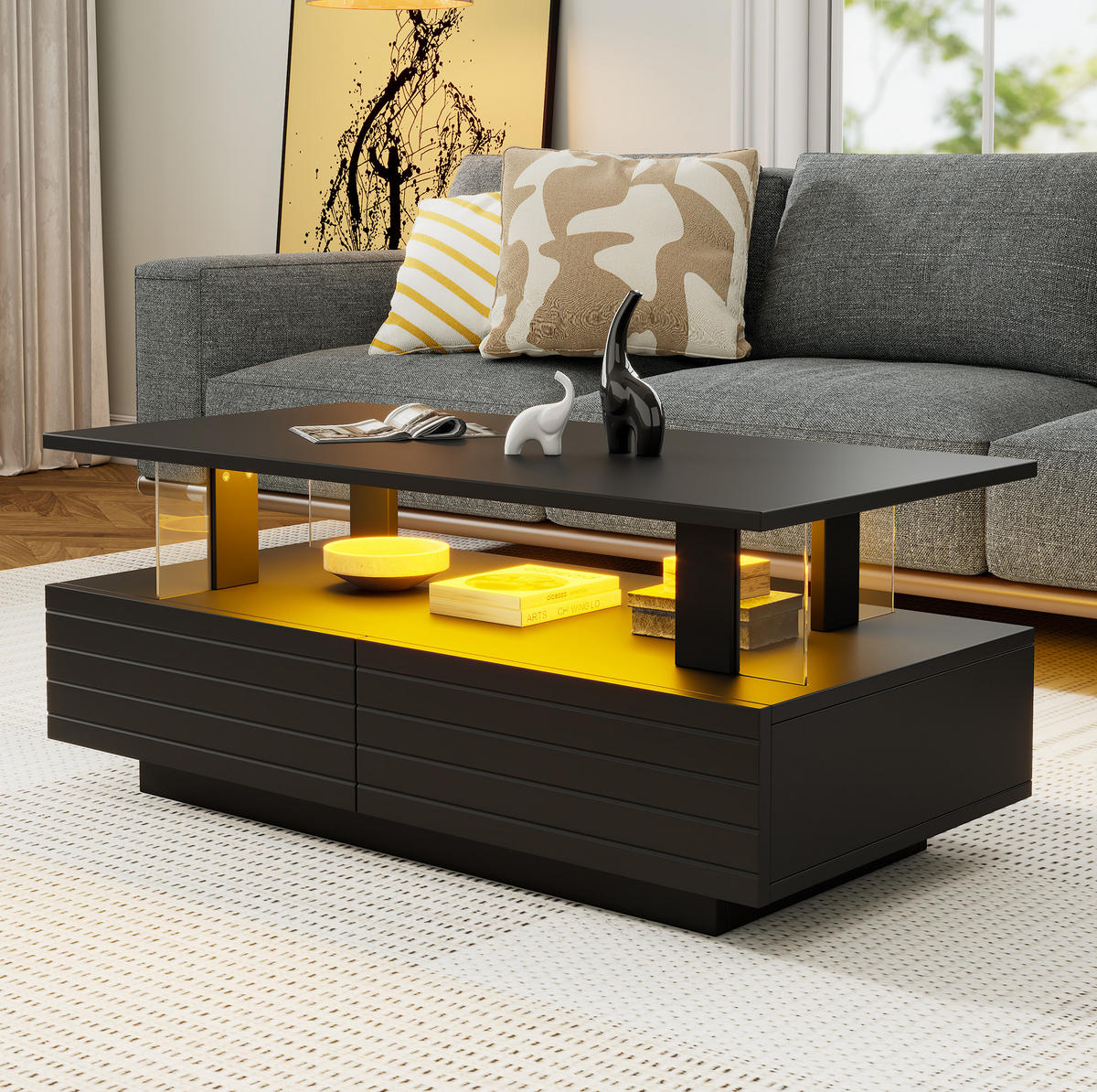 COUCHTISCH 100/50/42 cm in Schwarz mit LED-Beleuchtung und 2 Schubladen - Schwarz, Holzwerkstoff (100/50/42.5cm) - Flora Grace