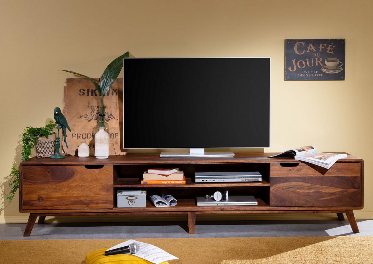 TV-BOARD Sheesham 220x40x48 walnuss gewachst MALMÖ 2 #124 - Dunkelbraun, Holz (220/48/40cm) - Massivmoebel24