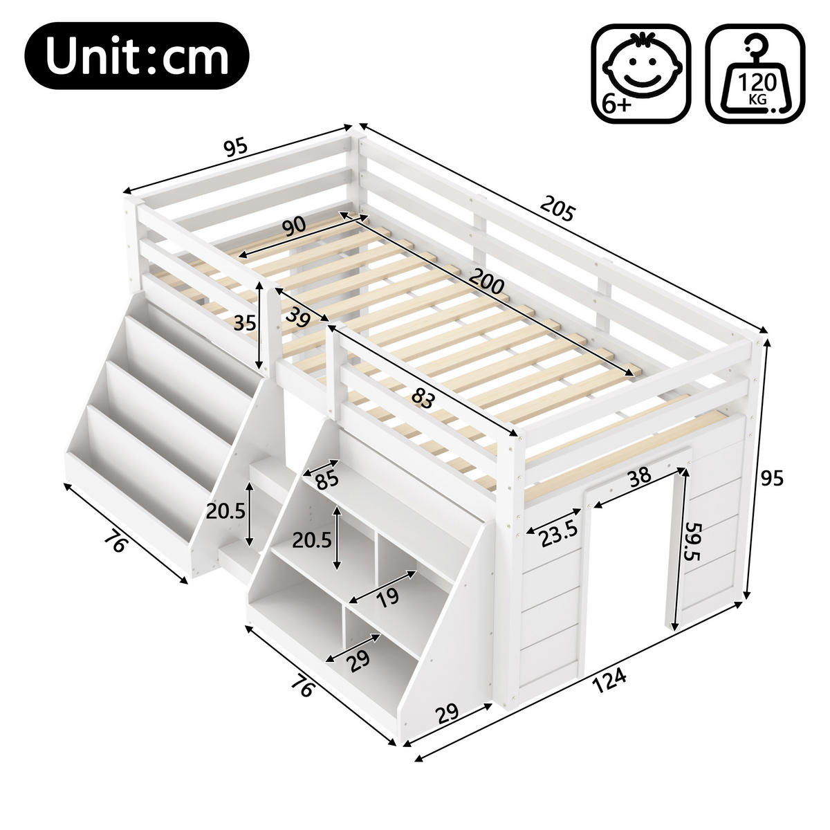 HOCHBETT 90/200 cm in Weiß Kinderbett mit Regal, LED und Leiter - Weiß, Holzwerkstoff (90/200cm) - STILVORA