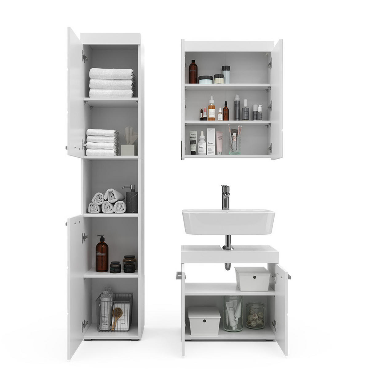 BADMÖBEL-SET Luna Weiß 3 Teile, mit Hochschrank - Weiß, Holzwerkstoff (60/56/34cm) - Vicco
