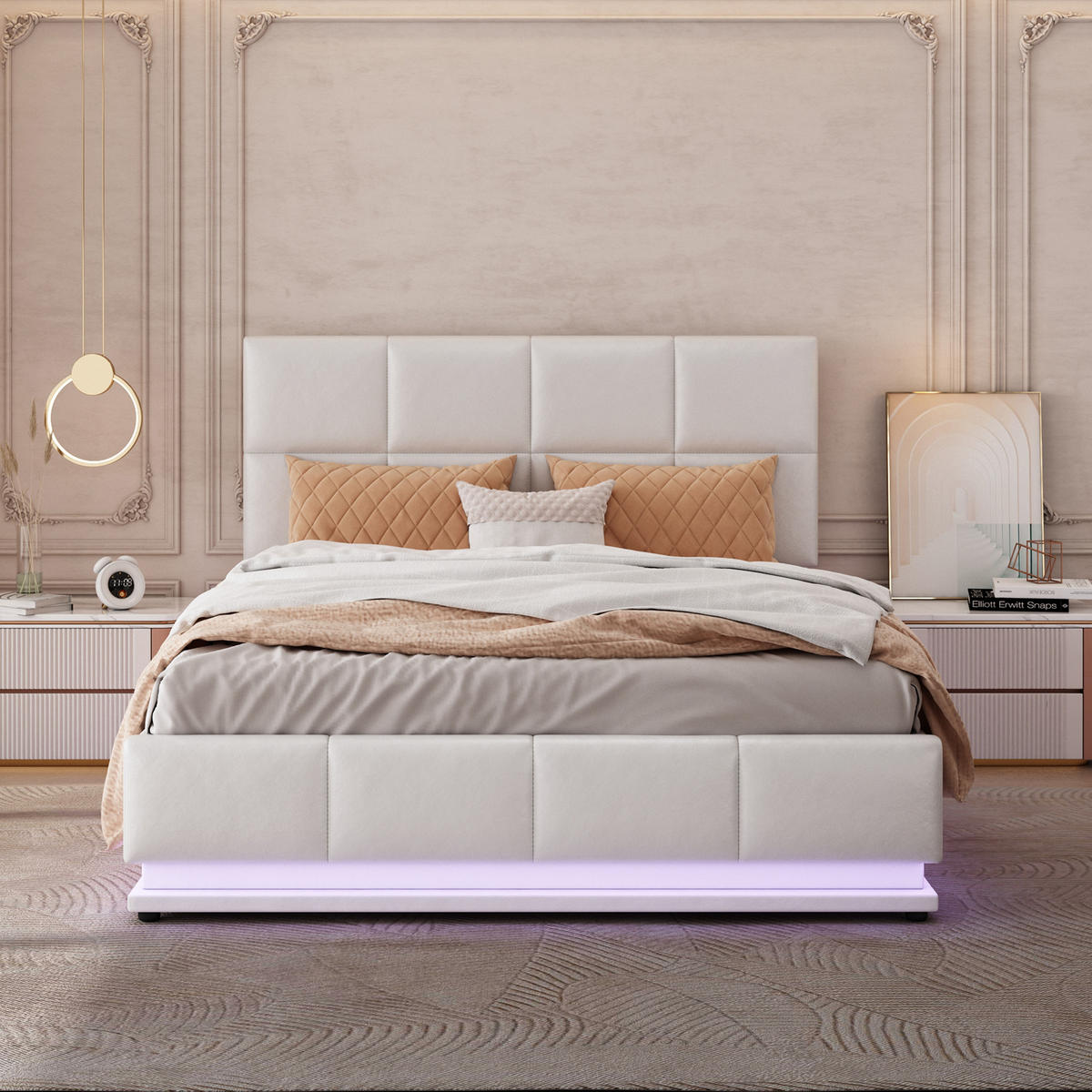 POLSTERBETT 140/200 cm Weiß mit LED-Beleuchtung und hydraulischem Bettkasten - Weiß, Textil (140/200cm) - OKWISH