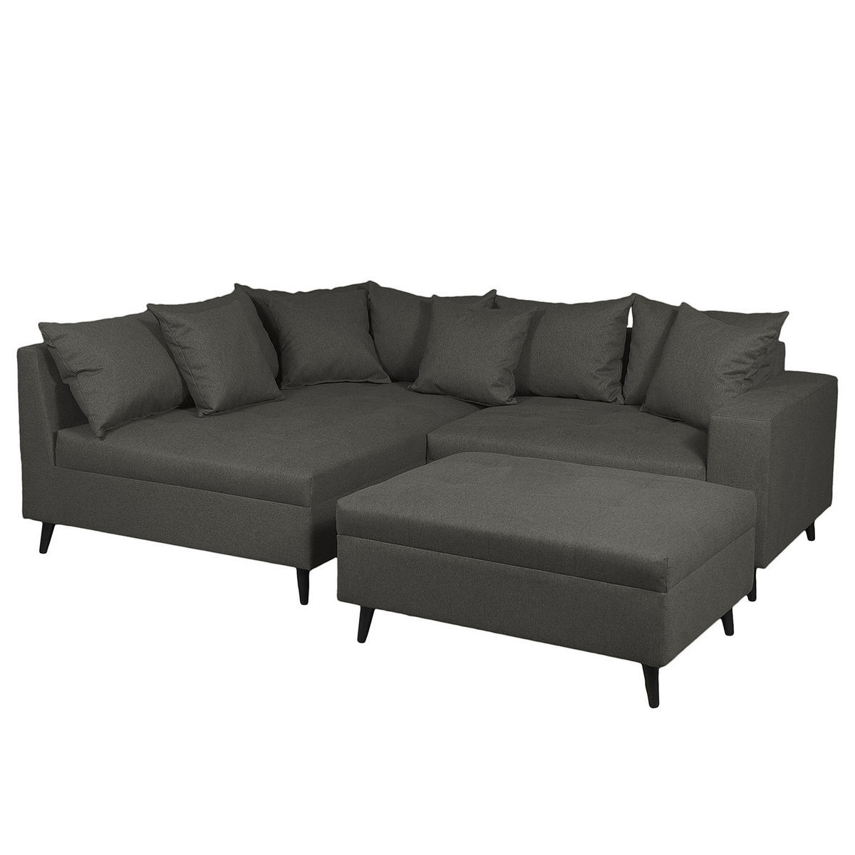 ECKSOFA mit Ottomane und Hocker - Schwarz/Grau, Birkenholz/Textil (247/174cm) - home24