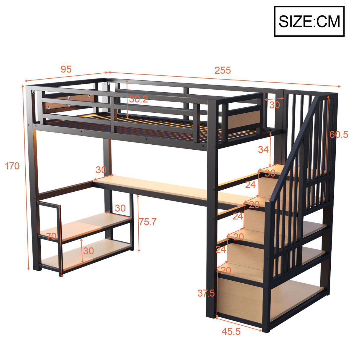 HOCHBETT 90/200 cm, Schwarz mit Tisch, Regalen und Leiter - Schwarz, Metall (90/200cm) - MIVRAY