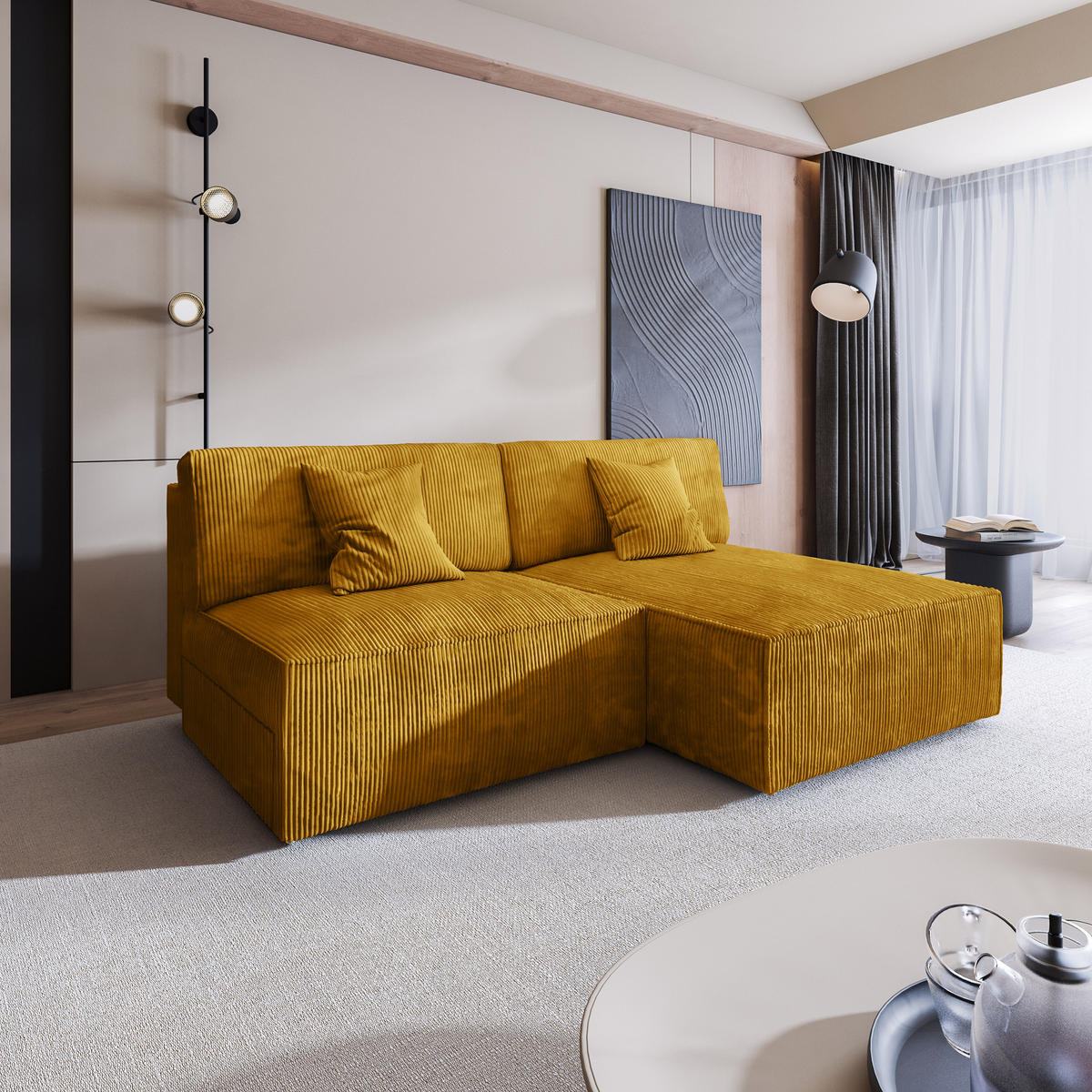 ECKSOFA FIORO P Gelb Kordstoff mit Schlaffunktion - Gelb/Grau, Holz/Kunststoff (204/148cm) - MASSENO