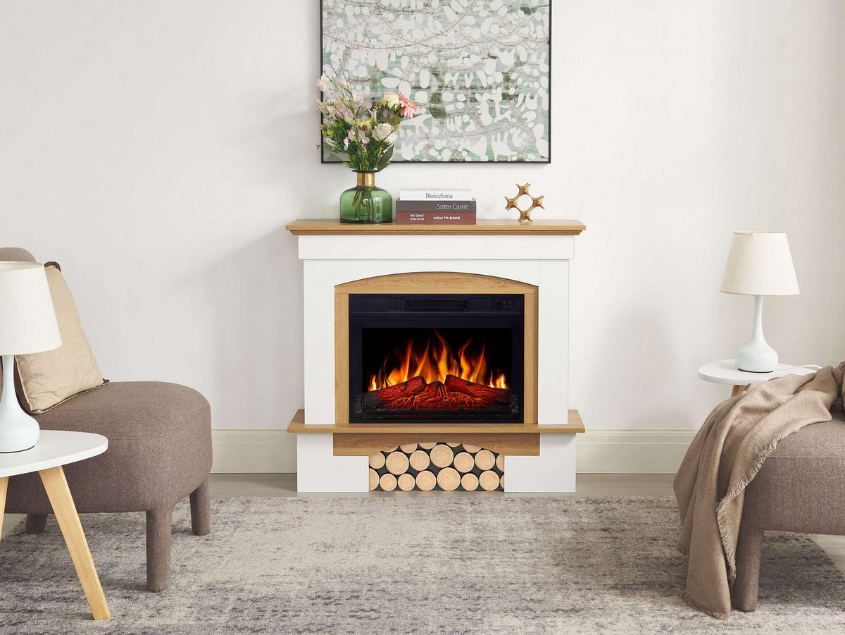 ELEKTROKAMIN Woodley AF23S Weiß Eiche Natur – Breite 107 cm, 3D-Flammeneffekt, LED-Beleuchtung, Heizfunktion - Weiß, Glas/Holzwerkstoff (98.5/90/30cm) - ArtiFlame