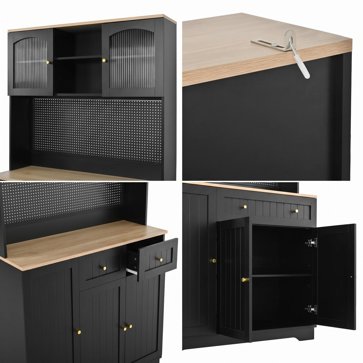 KÜCHENSCHRANK Schwarz mit Vitrinentüren, Lochblech & verstellbaren Böden - Schwarz, Holzwerkstoff (103.5/180/40cm) - Urban Meuble