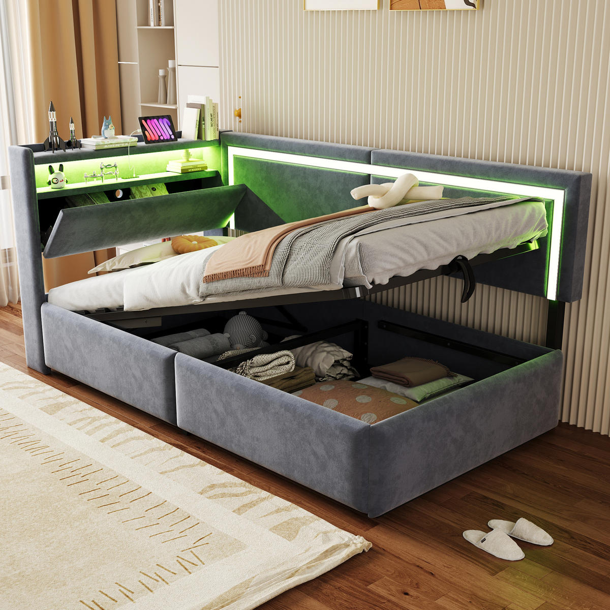 POLSTERBETT 90/200 cm mit LED-Beleuchtung, USB-Anschlüssen, Stauraum und Samtbezug, Grau - Grau, Holzwerkstoff (90/200cm) - Redom