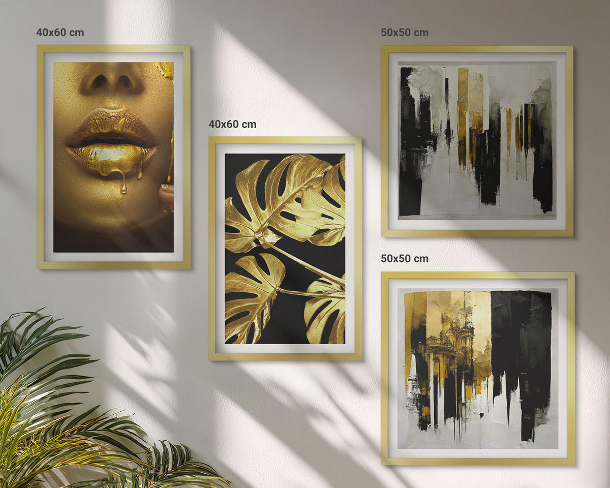 BILDER SET 4er Set - 50x50 cm & 40x60 cm Goldrahmen - Abstrakte Blattmalerei - Goldfarben, Kunststoff (50/50cm) - TULUP