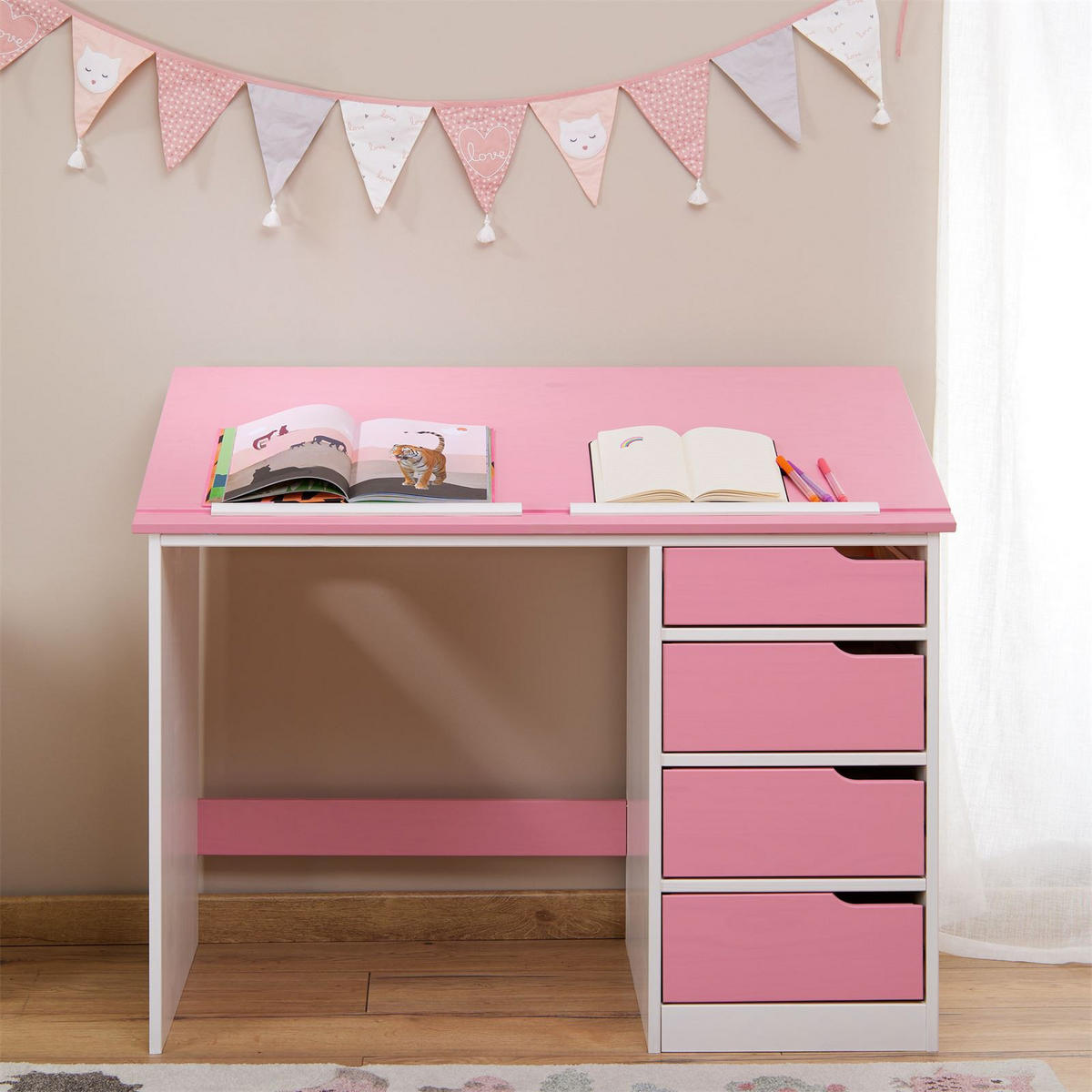 KINDERSCHREIBTISCH EMMA - Weiß/Rosa, Holz (114/76/55cm) - IDIMEX