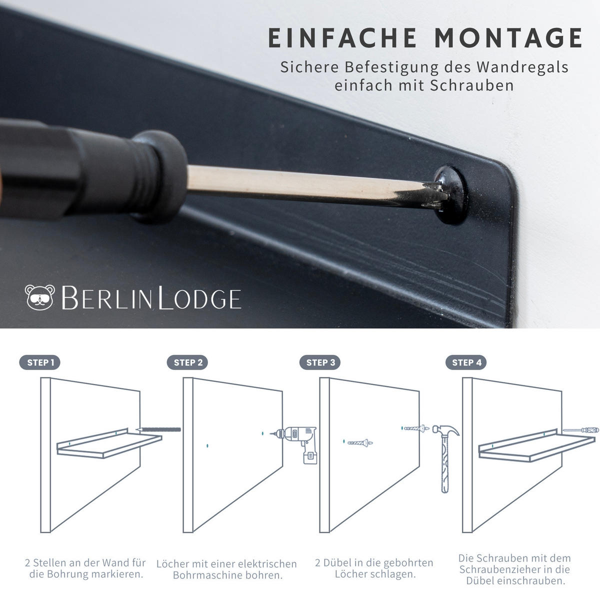 WANDREGAL 3er Set Matte Schwarz Wanddeko und Ablage - Schwarz, Metall (40/2.5/10cm) - BERLINLODGE
