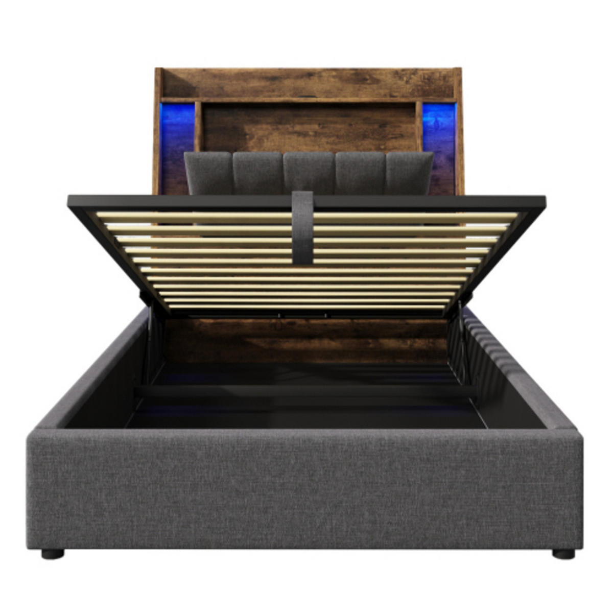 POLSTERBETT 90 × 200 cm mit Leinenbezug, Klapp-Staufach, beidseitiger LED-Leiste und USB/Typ-C Ladeanschluss, grau - Grau, Textil (90/200cm) - Luhomfu