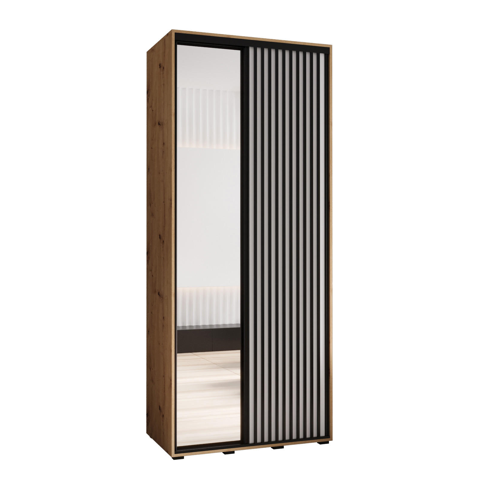 Abiks Möbel Schwebetürenschrank Eiche Artisan, Weiß, Schwarz 100x205.2x45 cm